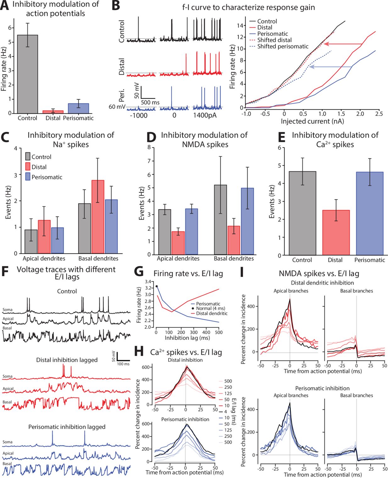 Figure 4. Distal dendritic and perisomatic inhibition reduce action potential generation through different mechanisms.